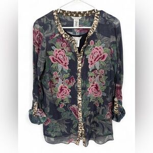 John Mark Floral Embellished Animal Print Layered Blouse Small‎ Semi Sheer